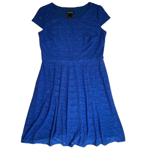 Enfocus Petite Women Dress 10P Blue Geometric Fit & Flare Short Sleeve Stretch - Picture 1 of 9